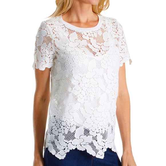 THREE DOTS WHITE LACE SHORT SLEEVE CREW NECK TOP SIZE LARGE - Picture 1 of 2